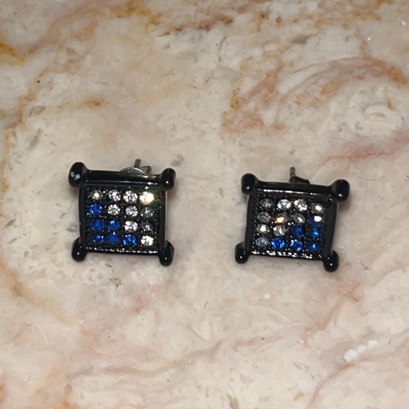 Black & Blue Square Diamond Earrings - Picture 2 of 5